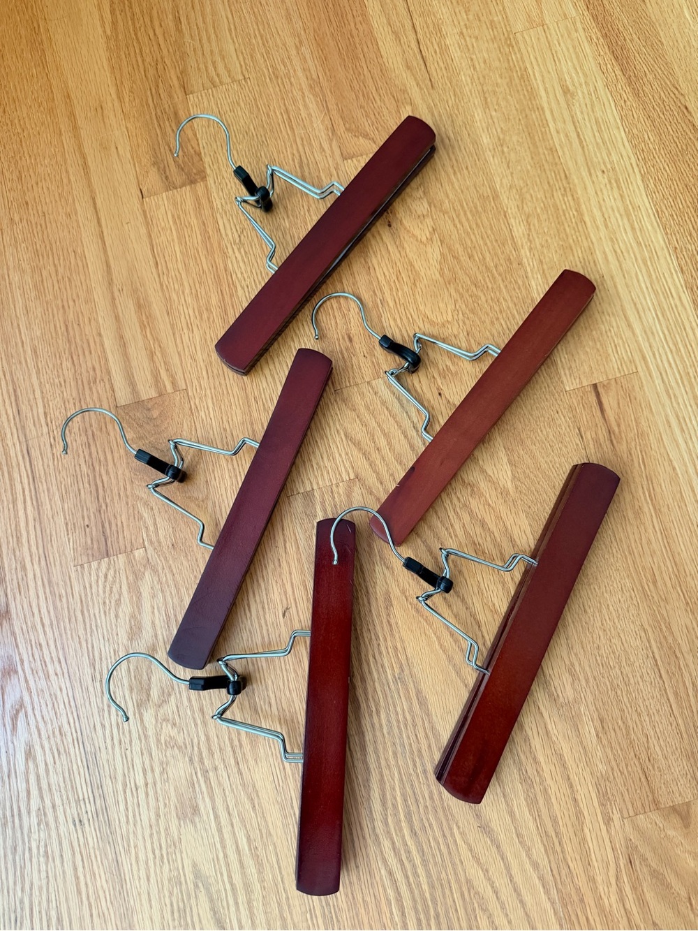 Lot of 5 Brown Wood & Steel Clamp Lock Pants Slacks Skirt Hangers 10” Long